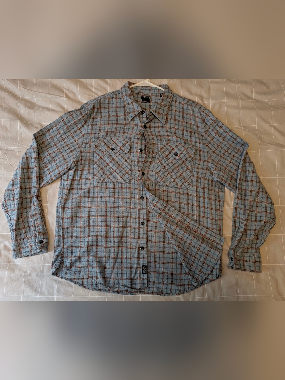 Todd Snyder Light Blue and Orange Plaid Cotton Flannel Button-Down Shirt XL
